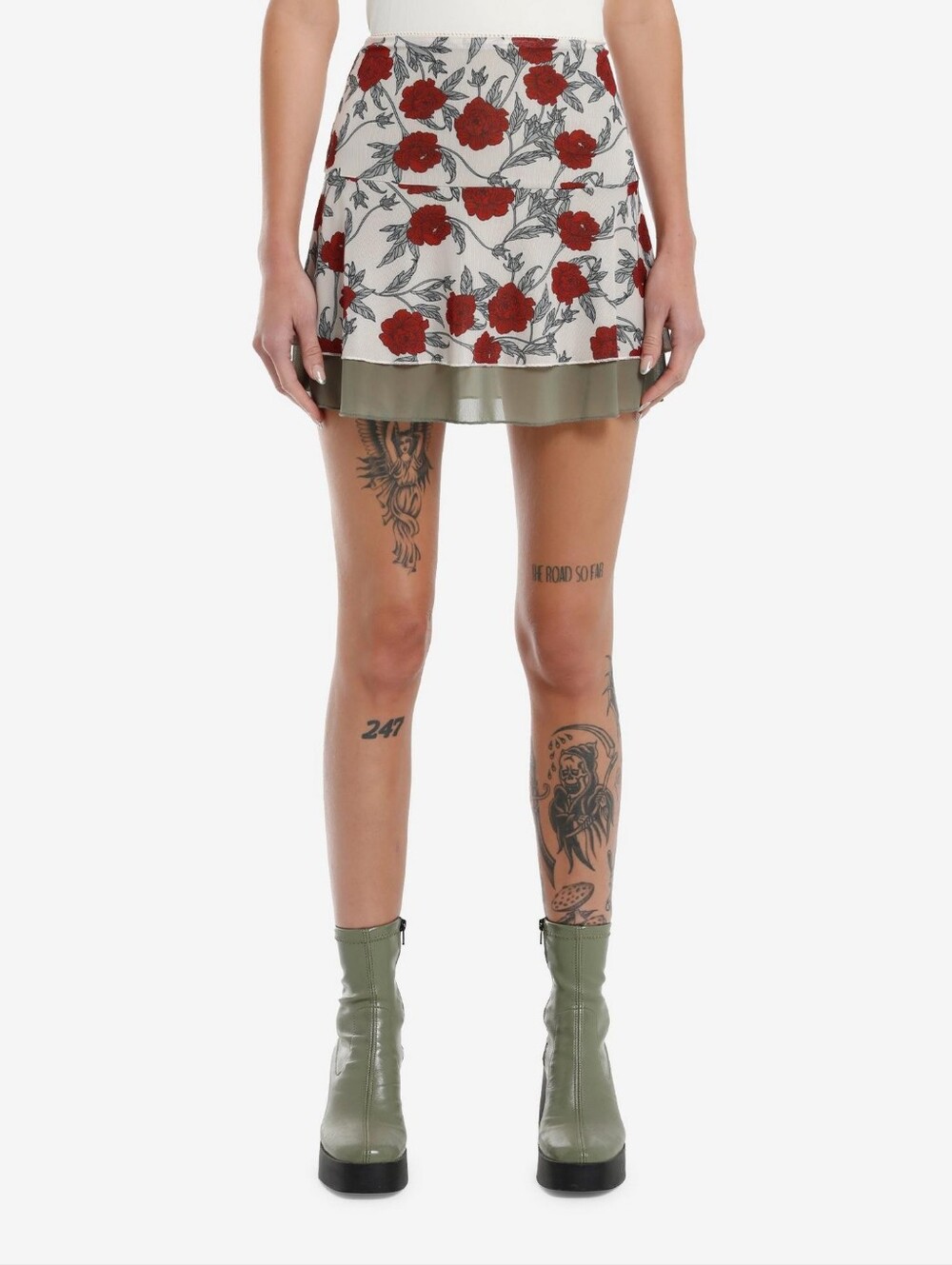 Thorn & Fable Red Rose & Green Mini Slip Skirt